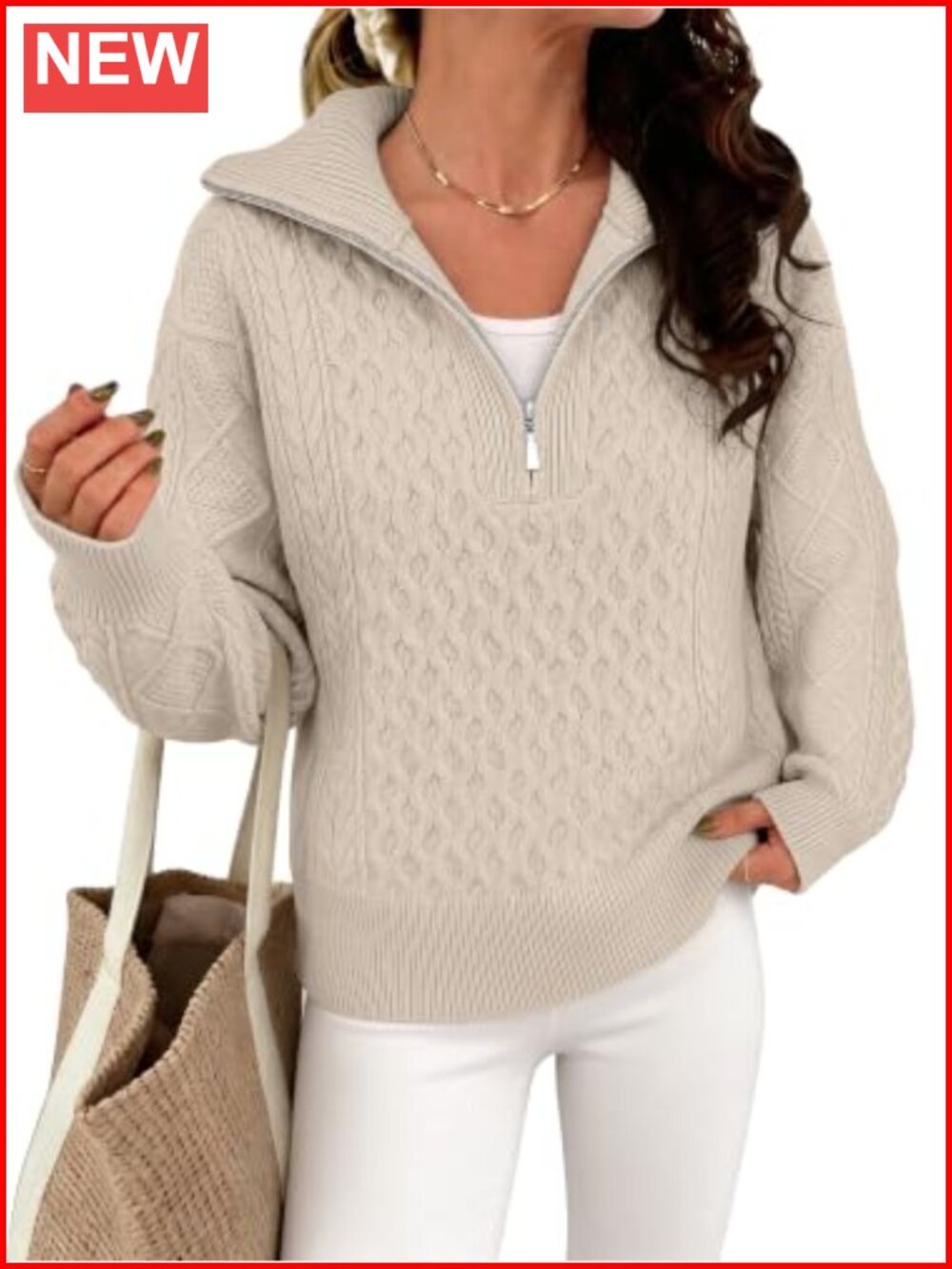 Women's Cable Knit Quarter Zip Collared Sweater Relaxed Loose Fit Fall Pullover